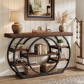 Console etroite avec 4 etageres de rangement et base circulaire, meuble style industriel 120 x 30 x 80 cm, brun fonce