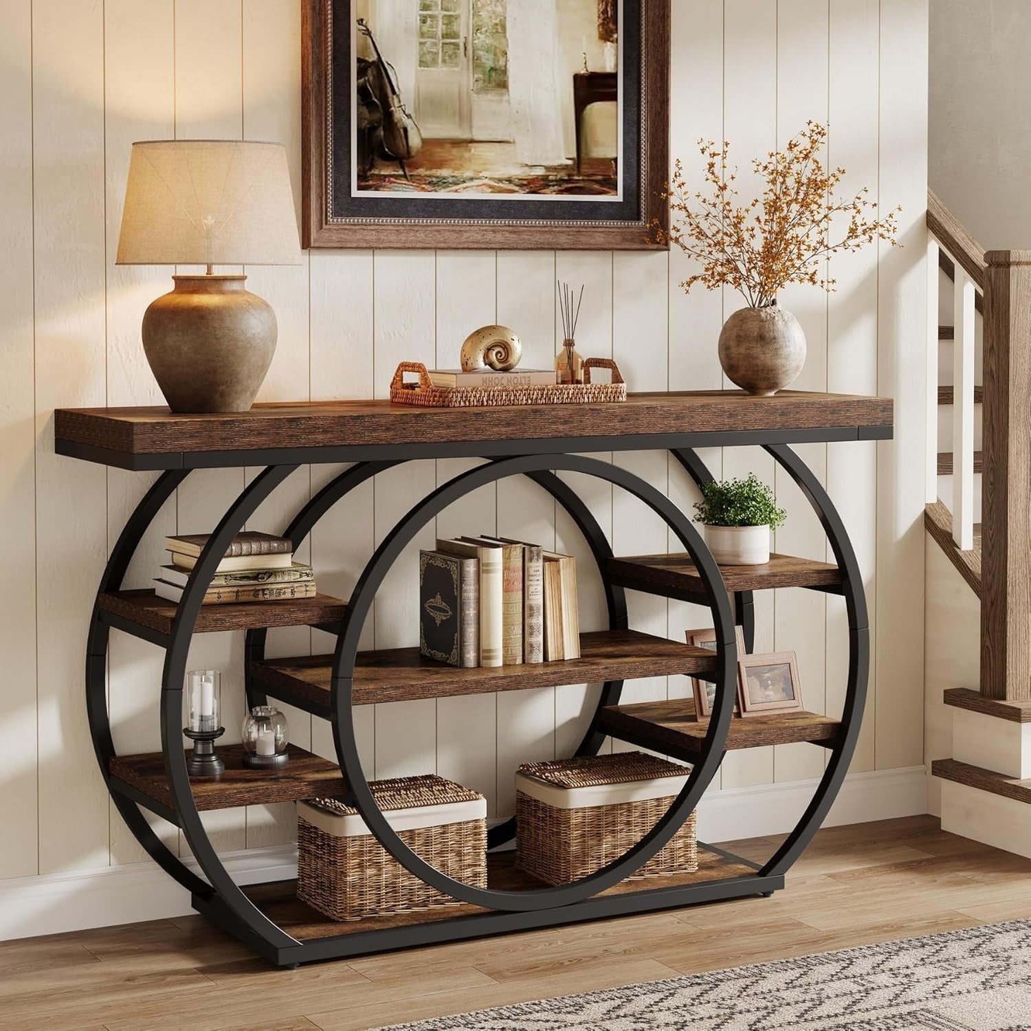 Console etroite avec 4 etageres de rangement et base circulaire, meuble style industriel 120 x 30 x 80 cm, brun fonce