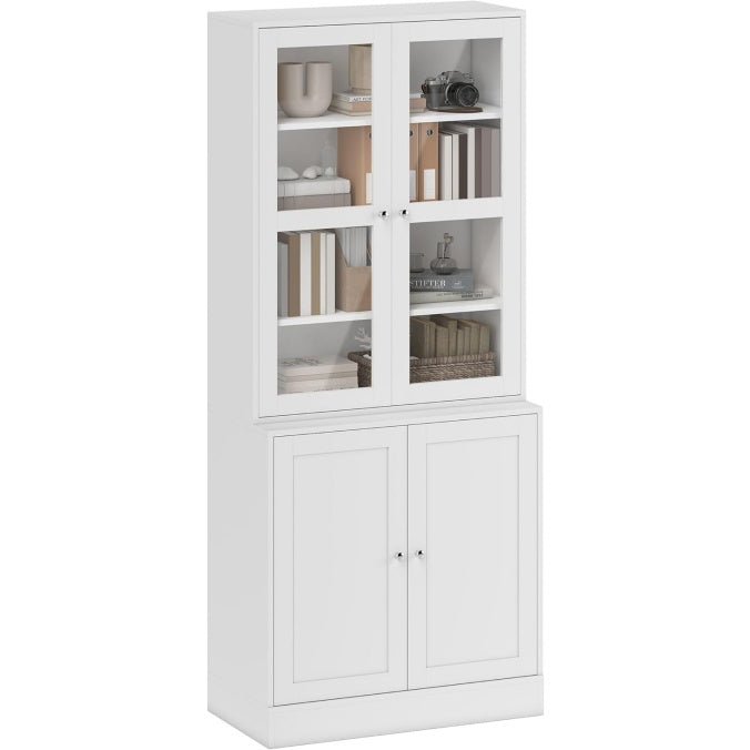 Biblioth¨¨que vitrine 6 niveaux avec 4 portes dont 2 vitr¨¦es et ¨¦tag¨¨res r¨¦glables, meuble de rangement moderne blanc