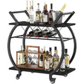 Chariot de bar avec roulettes, meuble ¨¤ vin en m¨¦tal et bois avec ¨¦tag¨¨res de rangement, noir
