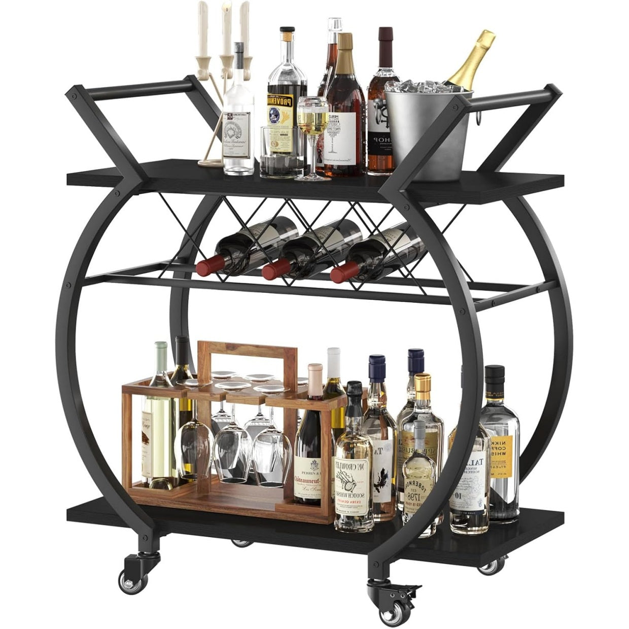 Chariot de bar avec roulettes, meuble ¨¤ vin en m¨¦tal et bois avec ¨¦tag¨¨res de rangement, noir
