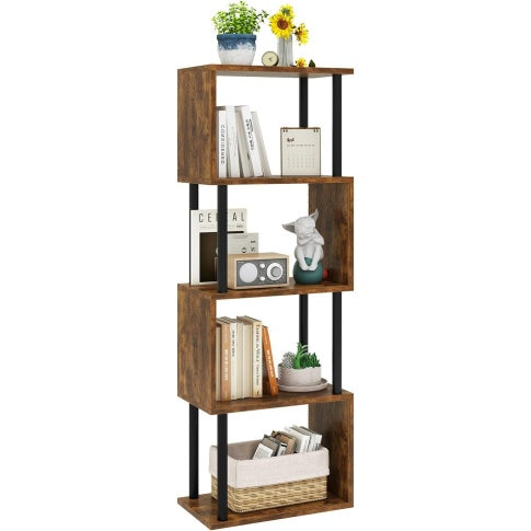 Biblioth¨¨que en forme de S ¨¤ 5 niveaux, ¨¦tag¨¨re design pour livres, d¨¦coration et rangement, marron