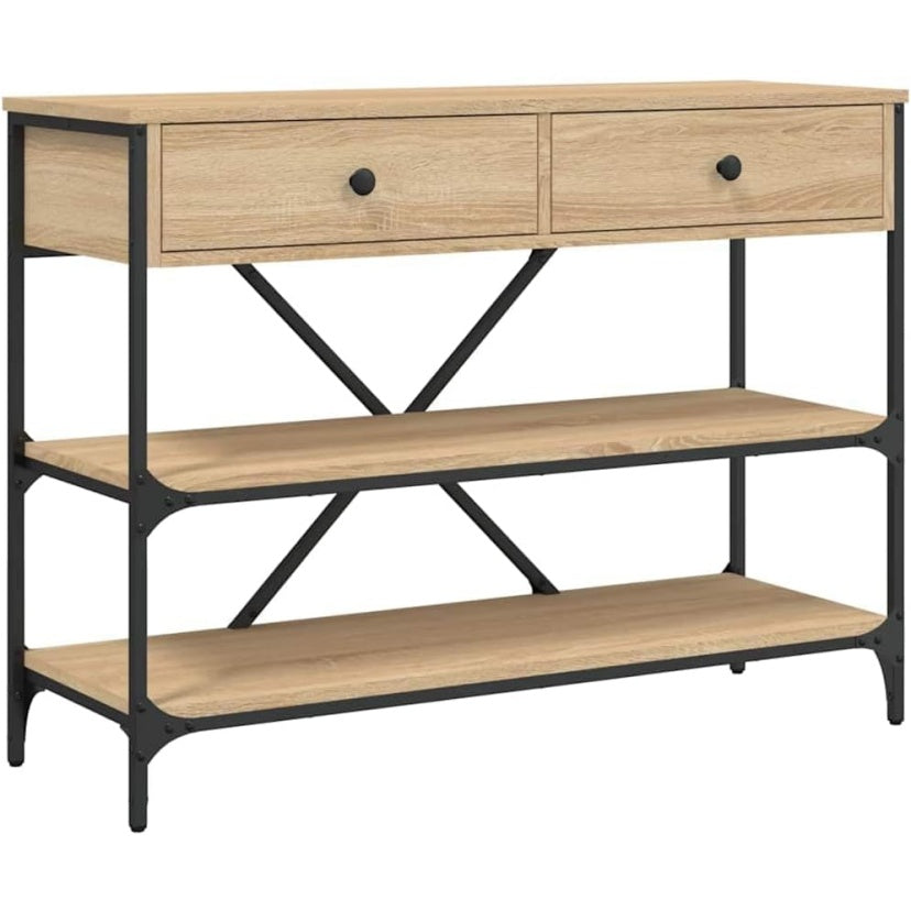 Console moderne avec tiroirs et ¨¦tag¨¨res ouvertes, meuble d'entr¨¦e finition ch¨ºne Sonoma