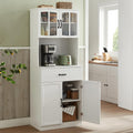 Buffet haut avec portes vitrees, etageres reglables et passage de cables, meuble de cuisine moderne, blanc