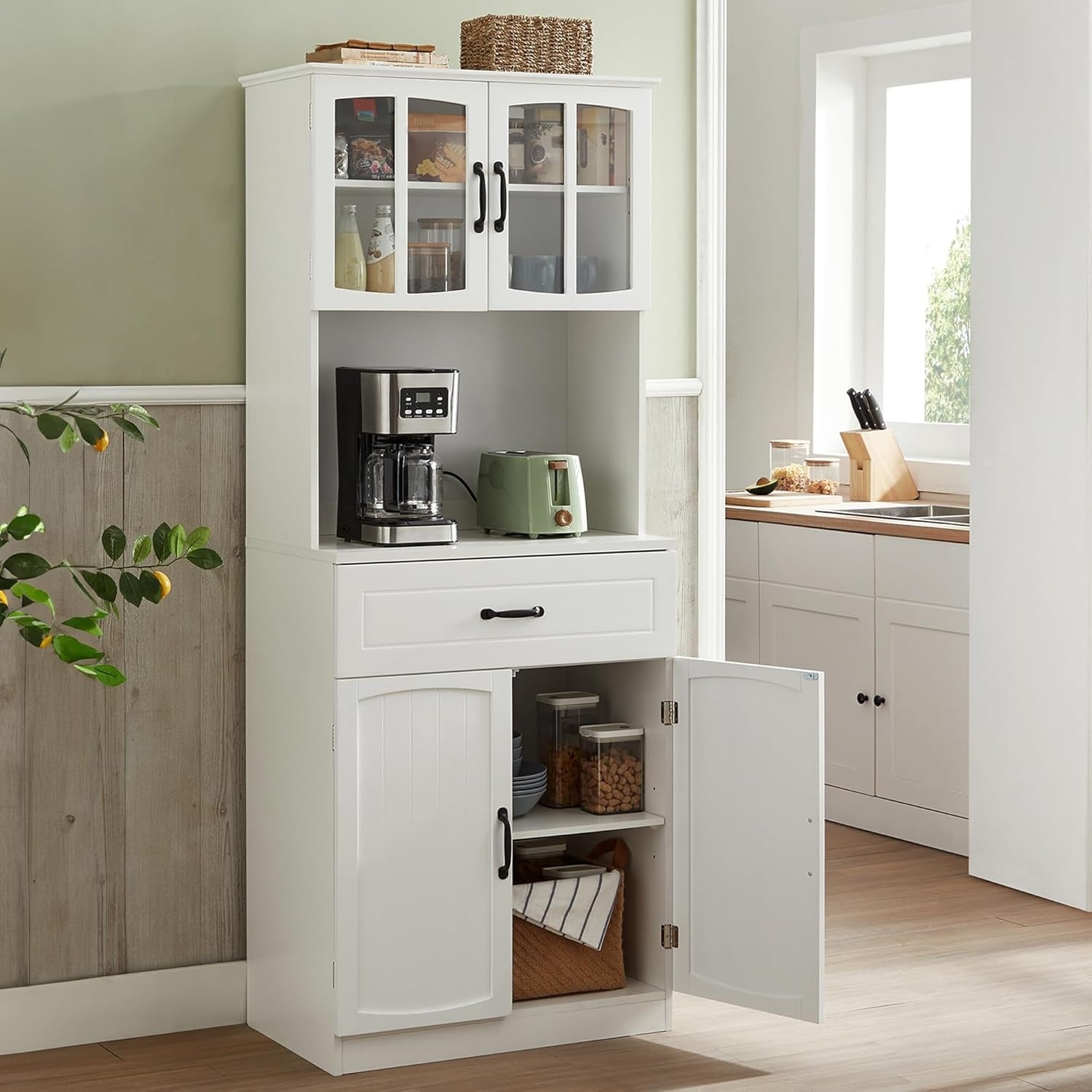 Buffet haut avec portes vitrees, etageres reglables et passage de cables, meuble de cuisine moderne, blanc