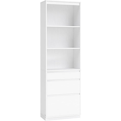 Bibliotheque haute 180 cm avec 3 tiroirs et etageres reglables, meuble de rangement blanc neige