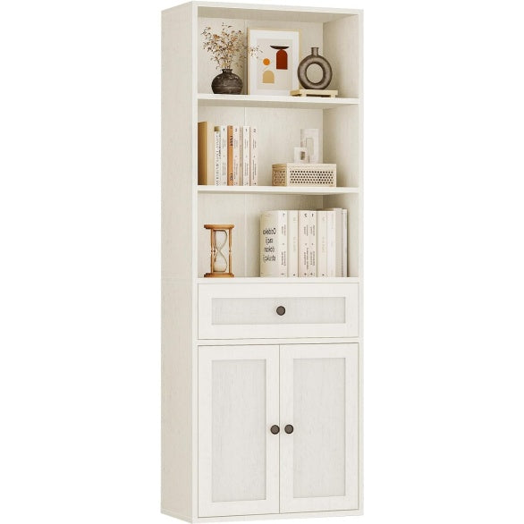 Bibliotheque haute 5 niveaux avec portes, placard et tiroirs, meuble de rangement 48 x 24 x 164,2 cm, blanc