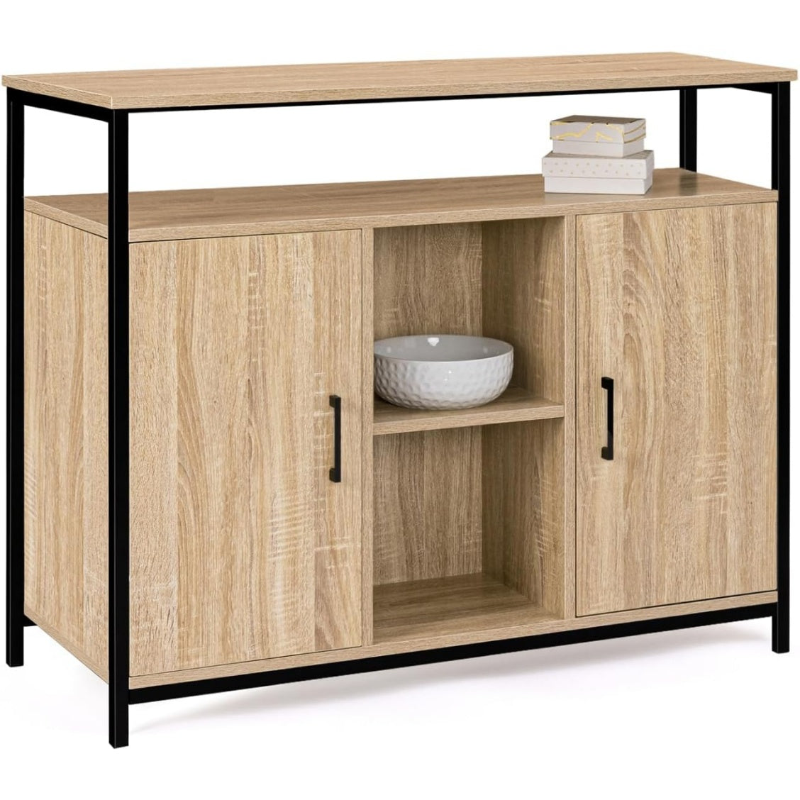 Buffet industriel 100 cm avec 2 portes et etageres interieures, meuble de rangement