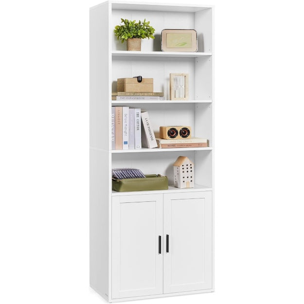 Bibliotheque haute 6 niveaux avec porte, meuble de rangement ouvert pour salon, bureau ou salle a manger, blanc nuage