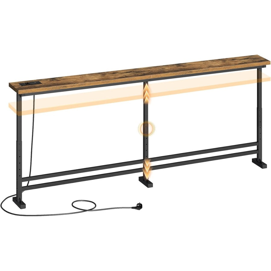 Console 200 cm avec multiprise int¨¦gr¨¦e, table ¨¦troite pour canap¨¦ ou entr¨¦e, ports USB et USB-C, marron rustique