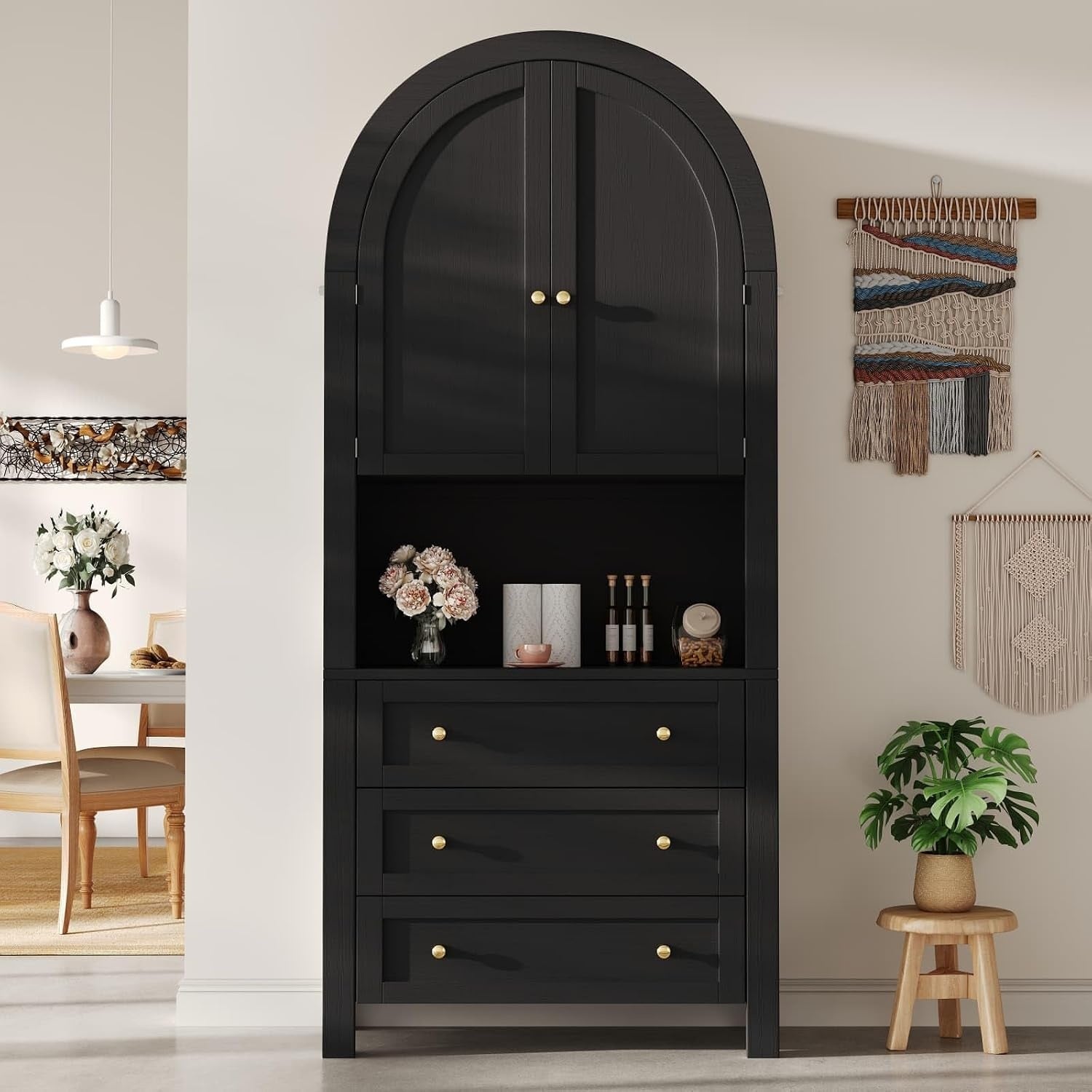 Colonne de rangement haute avec trois tiroirs, deux portes et plateau sup¨¦rieur incurv¨¦, coloris noir