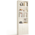Bibliotheque haute avec six niveaux, placard ferme et espaces de rangement ouverts, finition blanche