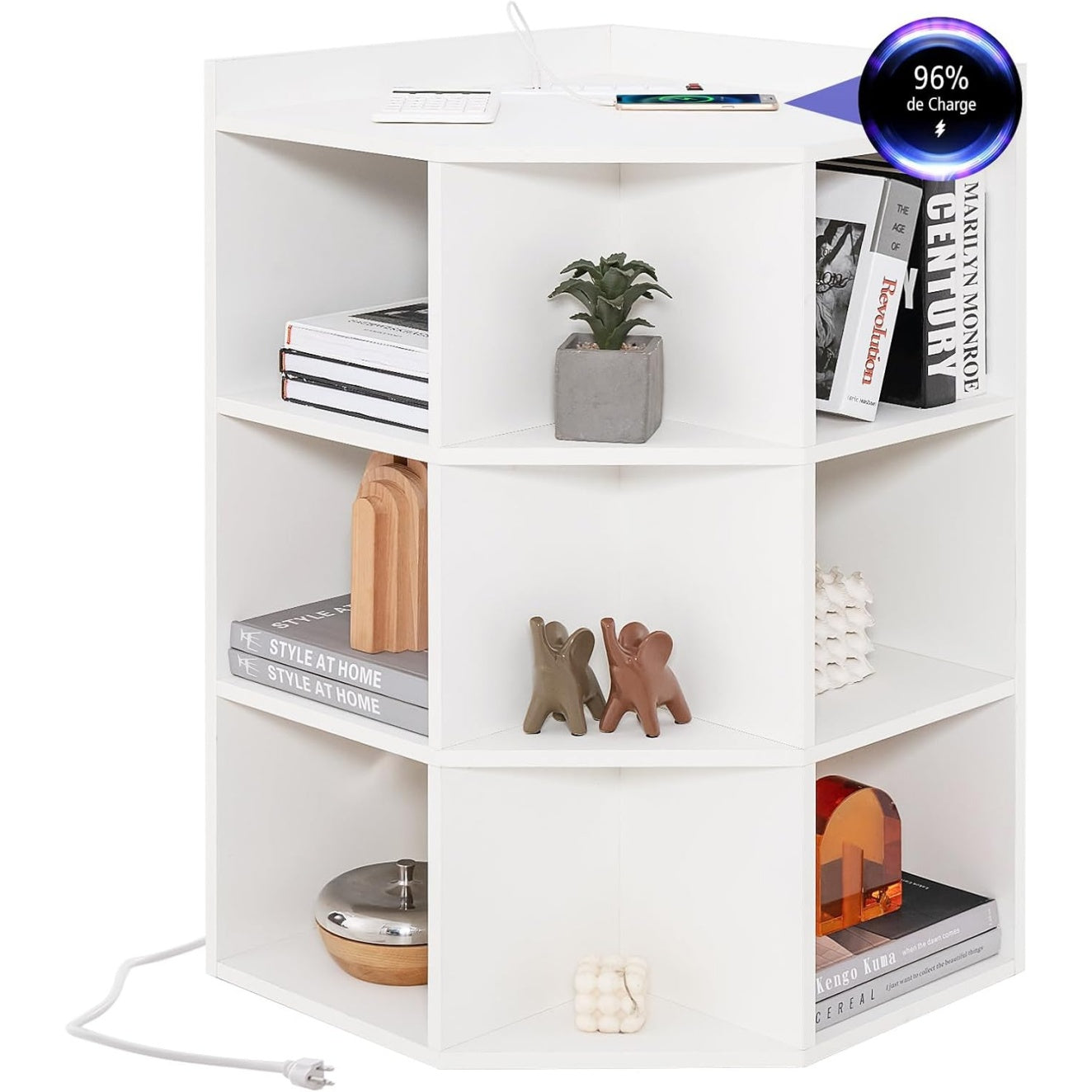 Biblioth¨¨que d'angle avec station de charge int¨¦gr¨¦e, prises ¨¦lectriques et neuf espaces de rangement blancs