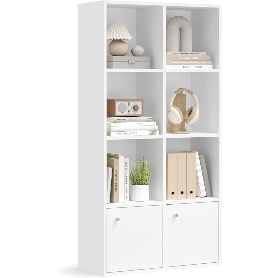Biblioth¨¨que 4 niveaux avec 2 placards inf¨¦rieurs, meuble de rangement multifonction pour salon, bureau ou salle ¨¤ manger, blanc