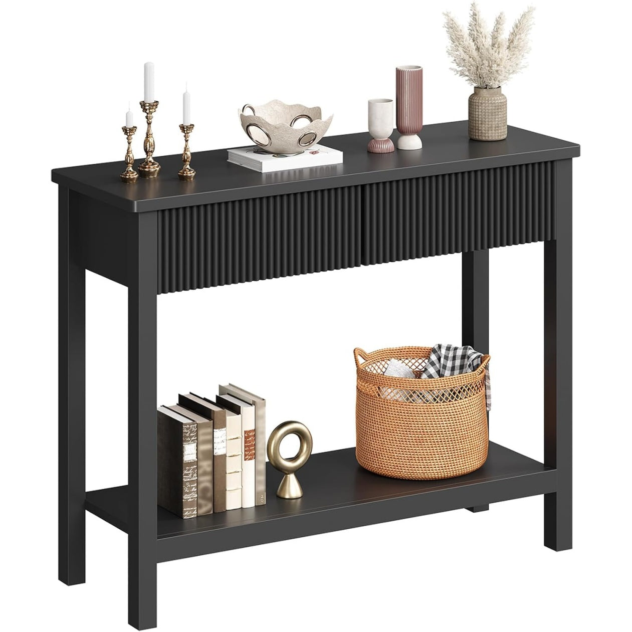 Console d'entr¨¦e 100 cm avec tiroir ¨¤ fa?ade ondul¨¦e et tablette inf¨¦rieure, meuble ¨¦troit pour couloir, salon ou derri¨¨re canap¨¦, noir