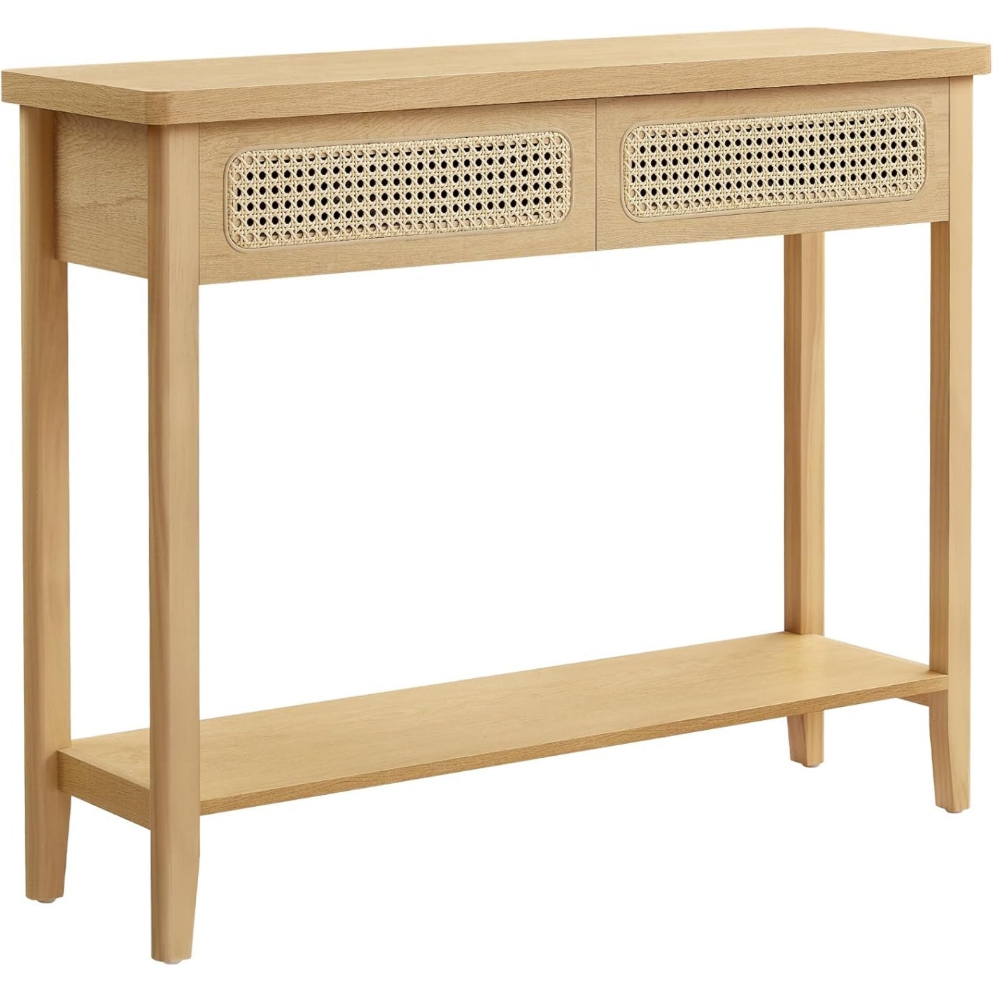 Console d'entr¨¦e avec 2 tiroirs, ¨¦tag¨¨re ouverte et coins arrondis, table d'appoint style boh¨¨me pour salon ou couloir, beige ch¨ºne