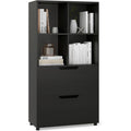 Biblioth¨¨que autoportante noire avec quatre cubes ouverts, deux tiroirs et dispositif anti-basculement