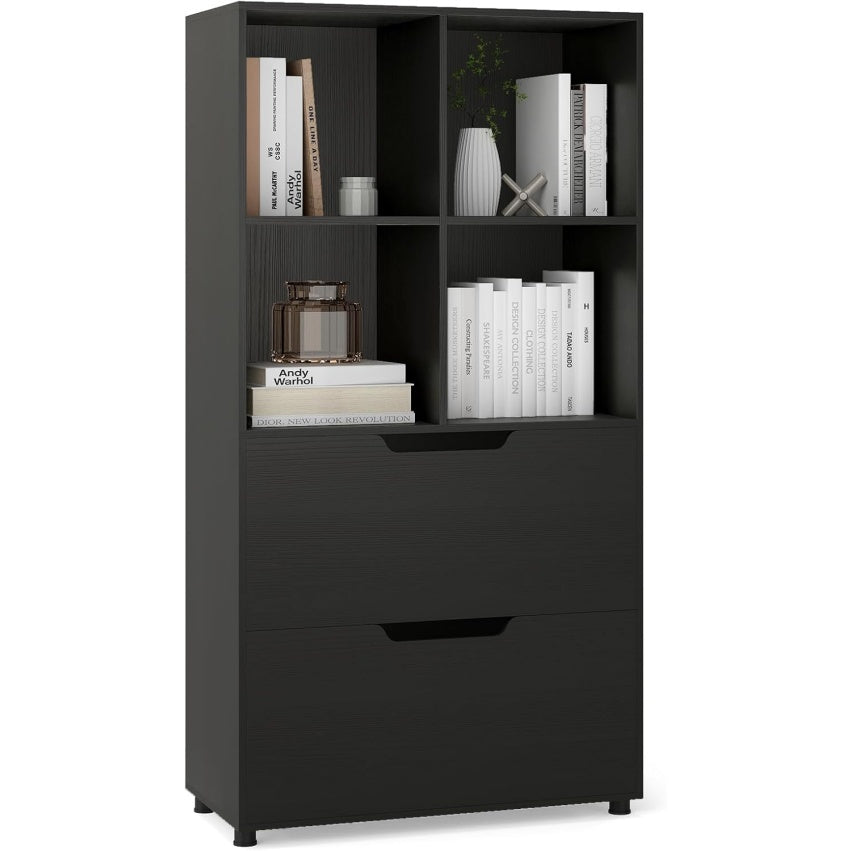 Biblioth¨¨que autoportante noire avec quatre cubes ouverts, deux tiroirs et dispositif anti-basculement