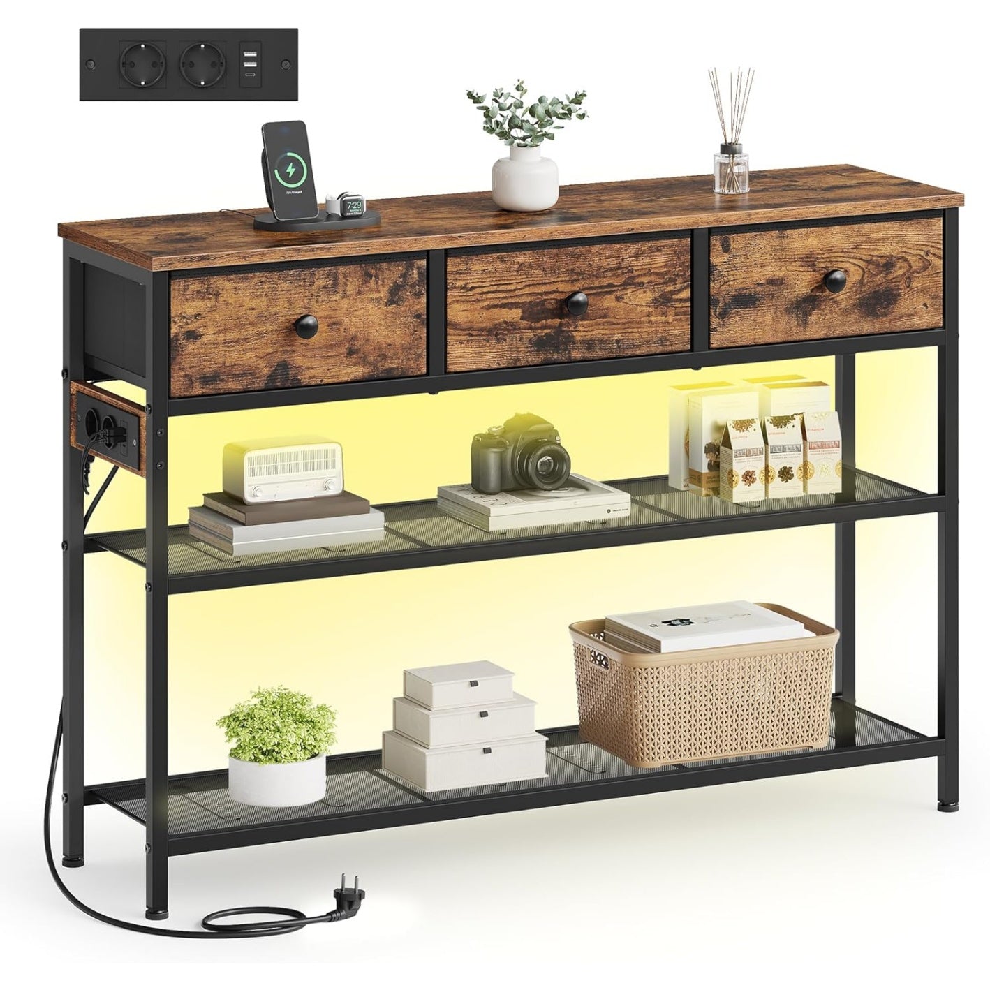 Console avec multiprise et ¨¦clairage LED, table d'entr¨¦e avec 3 tiroirs en tissu, meuble ¨¦troit pour salon ou couloir, marron rustique