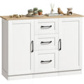 Bahut de rangement avec deux portes a fermeture douce, trois tiroirs et tablette reglable, blanc et bois naturel, 110 x 35 x 80,4 cm