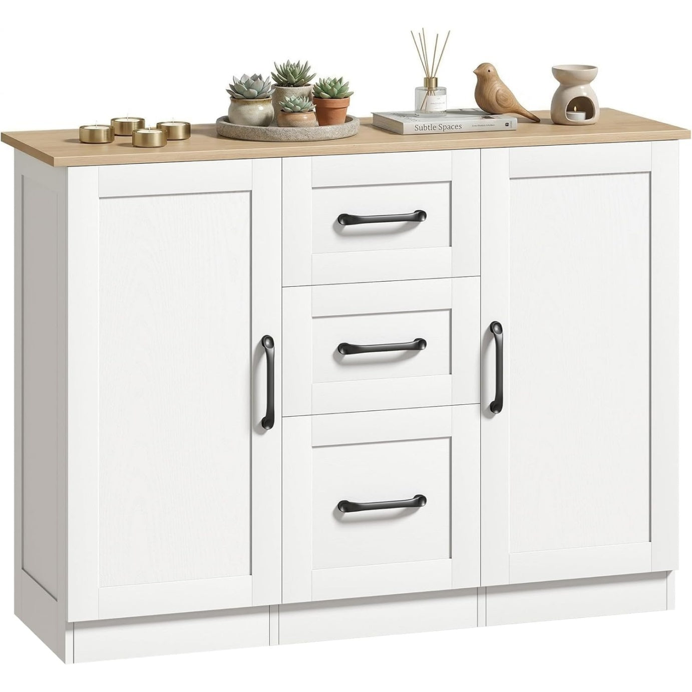 Bahut de rangement avec deux portes a fermeture douce, trois tiroirs et tablette reglable, blanc et bois naturel, 110 x 35 x 80,4 cm