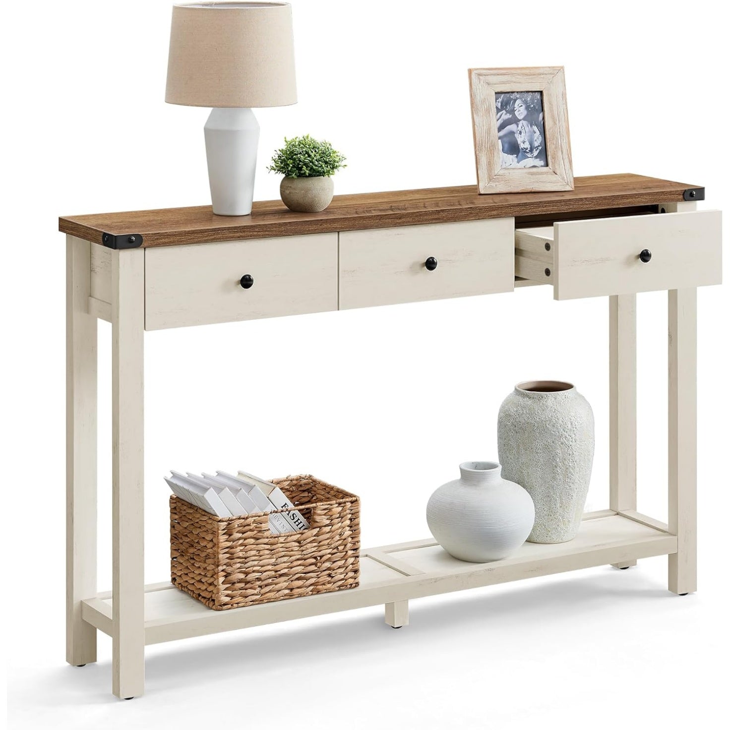 Console dentree style campagnard avec 3 tiroirs et etagere de rangement, marron miel et blanc rustique