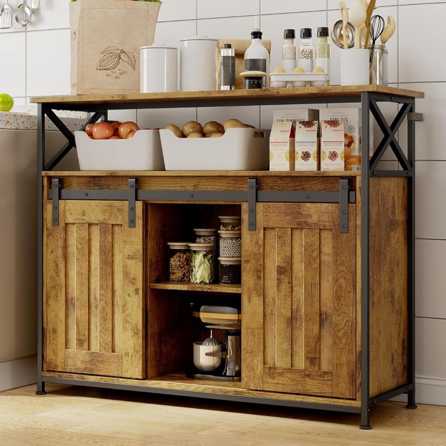Buffet campagnard avec 2 portes coulissantes et etageres reglables, meuble de rangement en bois 33 x 100 x 80 cm