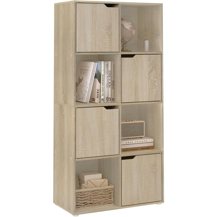 Bibliotheque avec 8 cubes et 4 portes, meuble de rangement en bois dingenierie, chene clair