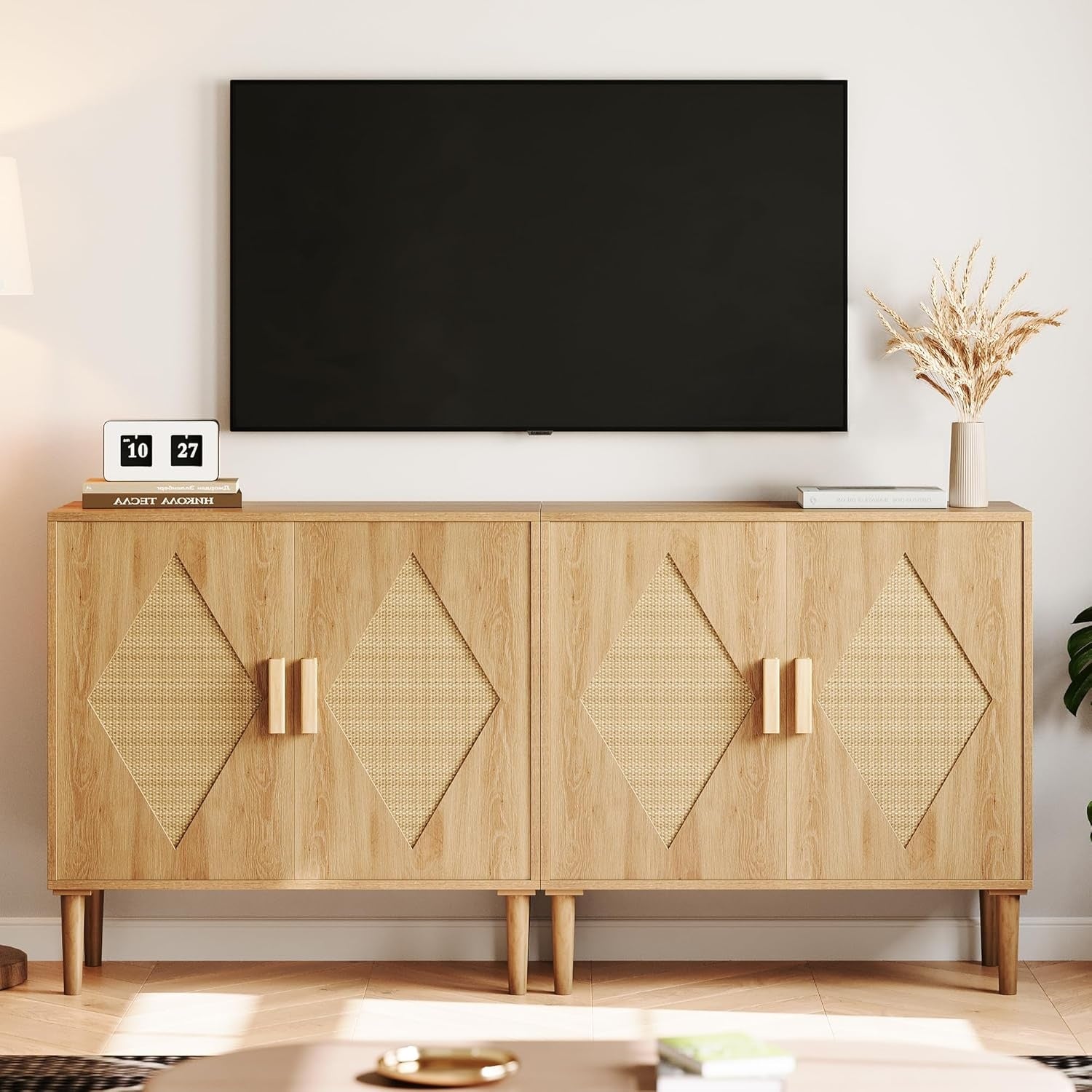 Buffet boh¨¨me en rotin avec portes doubles, ¨¦tag¨¨res r¨¦glables et rangement ind¨¦pendant