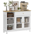 Buffet blanc avec portes en verre nervur¨¦, tiroir, niches ouvertes et ¨¦tag¨¨res r¨¦glables