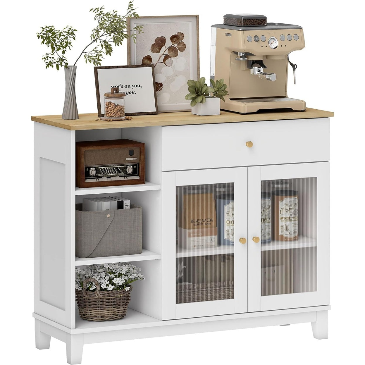 Buffet blanc avec portes en verre nervur¨¦, tiroir, niches ouvertes et ¨¦tag¨¨res r¨¦glables