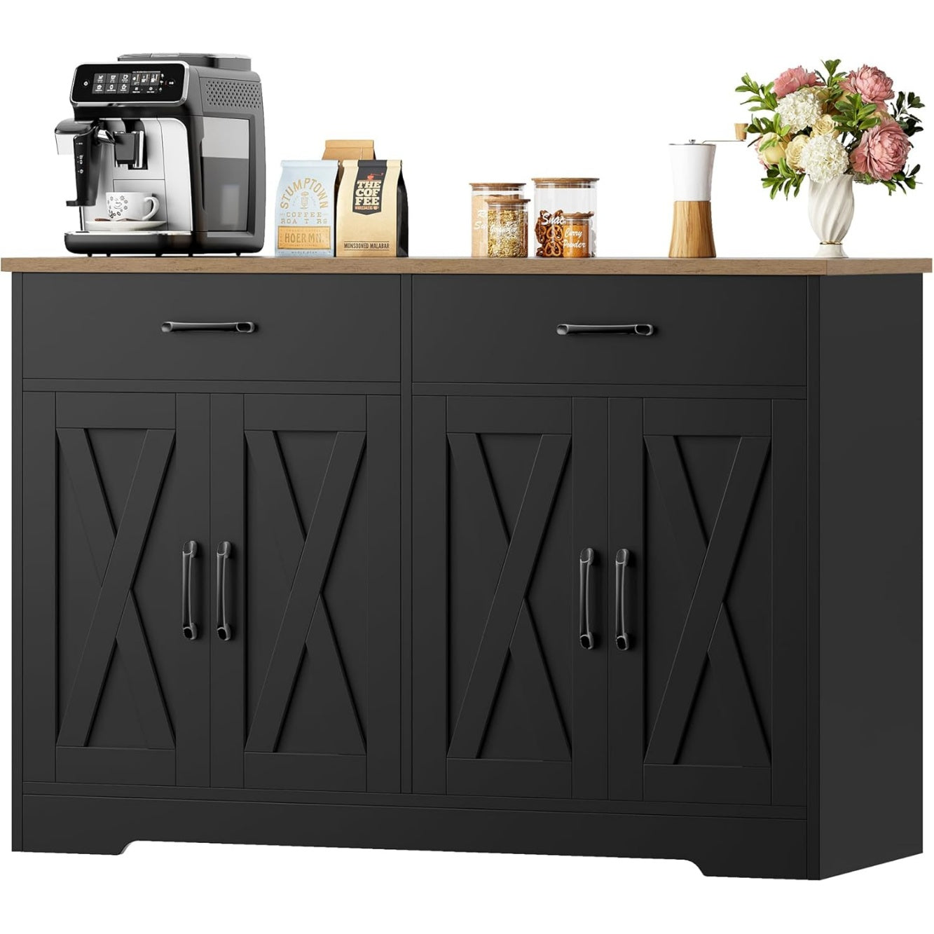 Grand buffet noir style vintage avec quatre portes, deux tiroirs et vaste espace de rangement